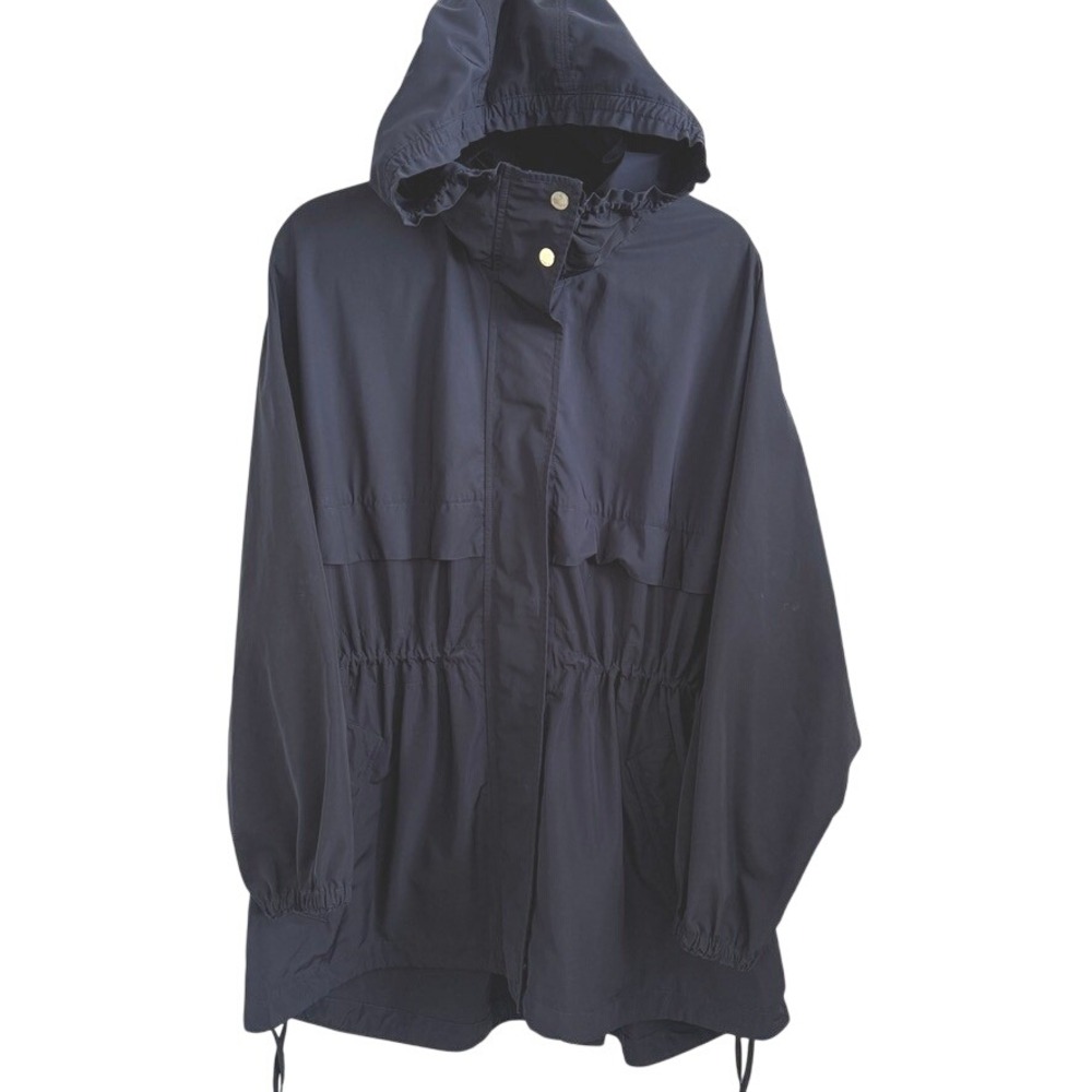 Athleta Utility Rain Jacket Womens Small Navy Blue Hooded Cinched Waist Gorpcore